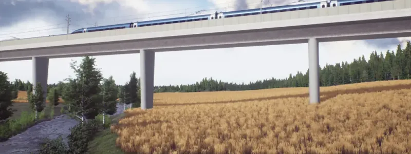Ostlänken ska i Vagnhäradsentreprenaden byggas på bro över Trosaåns dalgång. Illustration: Trafikverket