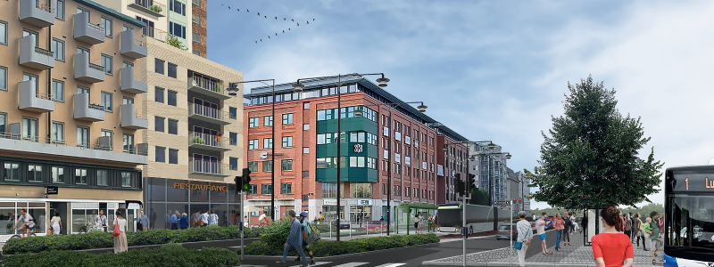 Illustration över hur Östra Bangatan kommer se ut när arbetet med att anpassa gatan för Citylinjen är färdigt. Bild: Örebro kommun