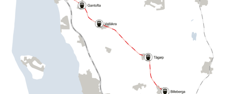Karta över sträckan där arbetet på Rååbanan genomförs. Bild: Trafikverket
