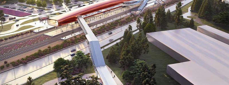Pärnu stadsförvaltning har utfärdat ett bygglov för Rail Baltica att bygga Pärnu internationella passagerarterminal i Estland. Rail Balticas internationella passagerarterminal kommer att ligga cirka 4 kilometer från Pärnu centrum, mellan Via Baltica och Pärnufloden. Illustration: Rail baltica