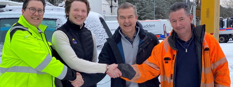 Från vänster: Roy Mevold, VD Ramudden Norge, Morten Finslo, Koncernchef Ramudden, Frank Stabo, Grundare Veidrift och Henrik Østbye, VD Veidrift. Foto: Ramudden