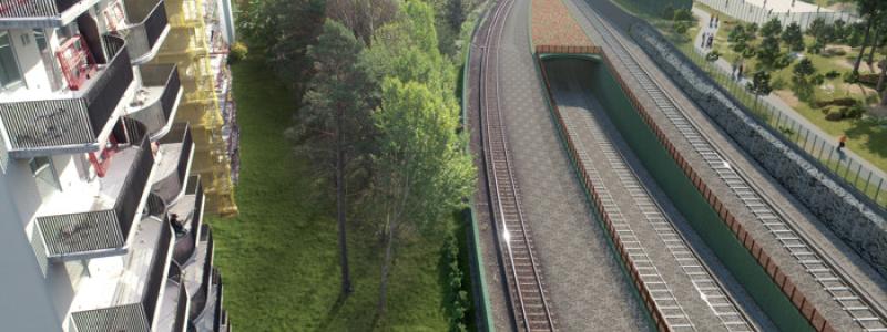 Söder om Hökarängens station kommer tågen att kunna åka ned i den nya tunneln till depån. Visionsbild: Region Stockholm / &Rundquist