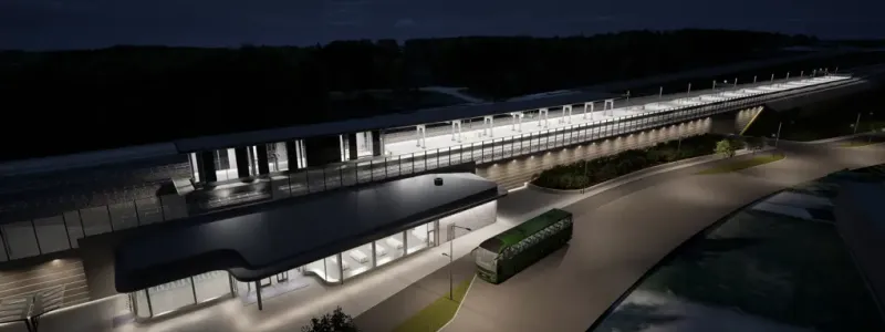 llustration över hur regiontågstationen kan komma att utformas när Norrbotniabanan i Sävar byggs. Bild: Trafikverket