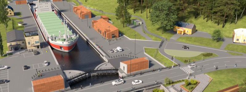 Visionsbild av den kommande slussen i Södertälje. Illustration: Sweco/Trafikverket