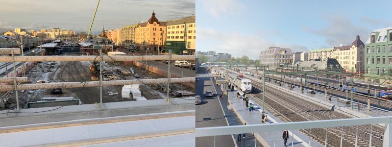 Till vänster syns Karlstad C i december 2024 med vy mot väster från gångbron Trädgårdslänken. Till höger en illustration som visar anläggningen när utbyggnaden är färdig.Foto: Trafikverket/White