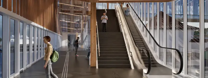 Gångpassagen till och från perrongerna kommer att ha hiss, trappa och rulltrappa.  Bild: Trafikverket