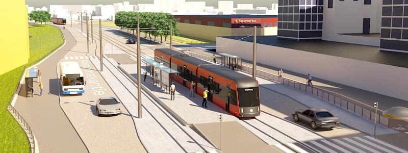 Illustration om framtida spårvagnshållplatsen i Birkala-stadsdelen Suupa väster om Tammerfors. Foto: Birkala-Linnainmaa projektplan och WSP.