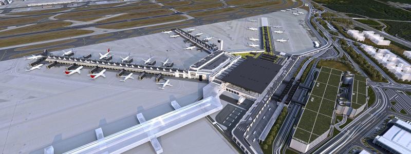 Frakfurtflygplatsens terminal 3. Illustration: arkitektbyrå Christoph Mäckler