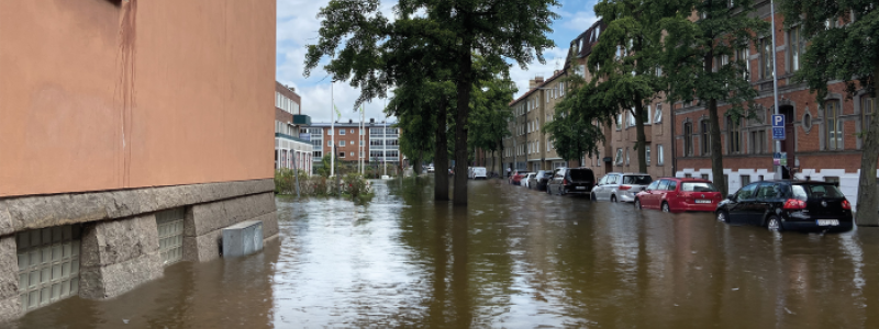 Gatuvy med parkerade bilar och hus, samt konstruerad översvämning. Fotograf/Källa: Moa Landén