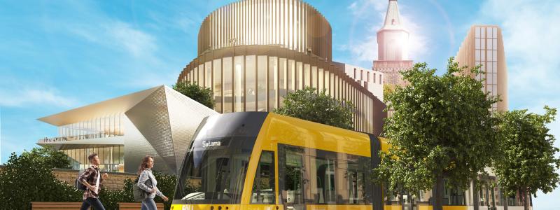 Åbo växer och kollektivtrafiken måste planeras med framtiden i åtanke. För att minska stadens klimatavtryck anslöt sig Åbo Spårvägsbolag till klimatavtalet och tar nu aktivt ansvar för att minimera utsläppen under projektets hela livscykel. Illustration: Åbo stad