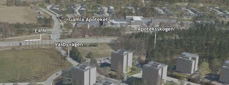 Upplands Väsby kommun vill ha en ny trafikplats på E4 i höjd med Väsbyvägen, cirka en kilometer norr om trafikplats Glädjen. 3D-bild framställd av Geodataenheten, Upplands Väsby kommun