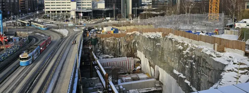Byggarbeten för Västlänken vid Korsvägen i Göteborg, där den framtida underjordiska stationen byggs intill spårvagnstrafiken. Foto: Trafikverket