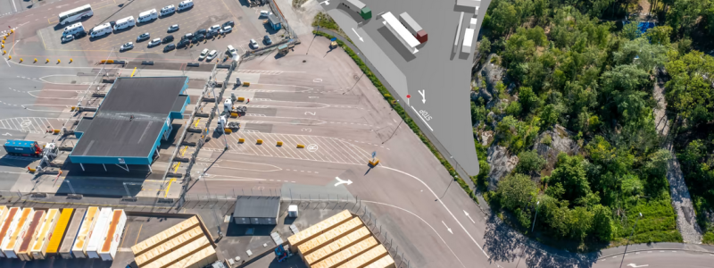 Vätgasstationen kommer att ligga precis intill port 6 som är entrén till Gothenburg RoRo Terminal. Montage: Nilsson Energy/Göteborgs Hamn
