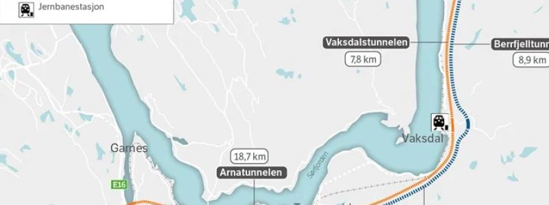 Karta som visar en översikt över hur E16 Vossebanen och Arna-Stanghelle kommer att se ut med den nya planerade lösningen. Norges Vegvesen