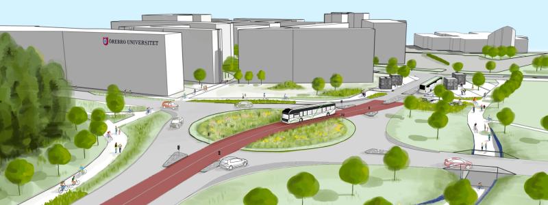 Illustration över hur Universitetsrondellen kommer se ut när arbetet med att anpassa gatan för Citylinjen är färdigt. Bild: Örebro kommun