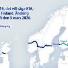 Europaväg 16 förlängs till Finland. Ny sträckning via Tammerfors och Kouvola träder i kraft i mars 2026. Bild: Finlands Kommunikationsministerium