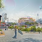 Visionsbild för att illustrera hur S:t Larsgatan ska förlängas och leda fram till Linköpings nya centralstation. Det är långt ifrån klart hur det kommer att se ut, men här visas hur S:t Larsgatan skulle kunna se ut precis innan det södra stationstorget. Till vänster leder stråket fram till huvudentrén och till höger fortsätter stråket norrut över den nya järnvägen. Linköpings innerstad kommer på sikt att växa fram till den nya stationen och vidare norrut. Längst till vänster syns det gamla lokstallet och längre bort sticker Tornet upp. Bild: Linköpings kommun