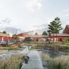 Team VERK-SAMs förslag för reningsverket innefattar bland annat att reningsverkets byggnader och bassänger omvandlas till dagvattenpark. Illustration: ArkDes