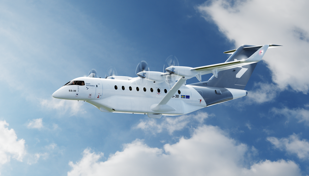 Den svenska elflygutvecklaren Heart Aerospaces blivande modell ES-30 är tänkt att klara 20 mil på ren eldrift och 40 mil med hybriddrift. 
ILLUSTRATION: Heart Aerospace
