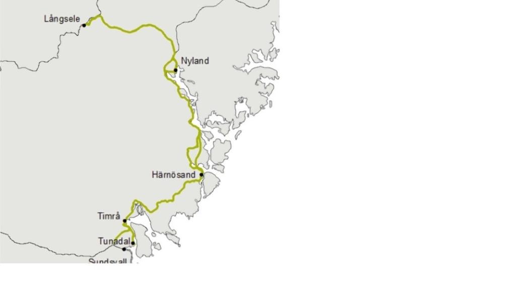 Den 18 mil långa Ådalsbanan går mellan Sundsvall och Långsele via Timrå, Härnösand och Kramfors. Bild: Trafikverket