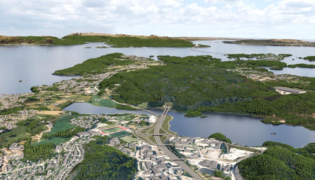Den nya E39 i Bjørnafjorden kommun är tänkt att bestå av en sträcka med korsning vid Kolskogen nära Os, innan vägen går in i en 7,7 km lång tunnel och fortsätter vidare på en bro över Bjørnafjorden (i bildens överkant). Dagens fyrfältsmotorväg från Bergen ansluts till den nya vägen vid Os.
Illustration: Statens vegvesen/COWI
