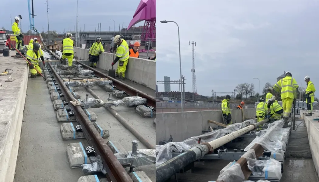 Cirka 16 kubikmeter betong krävdes för att fylla tråget upp till betongblocken och spåren. Alla block måste undergjutas noggrant, med jämn fördelning av betongen och utan att några luftfickor uppstår. Foto: Trafikverket