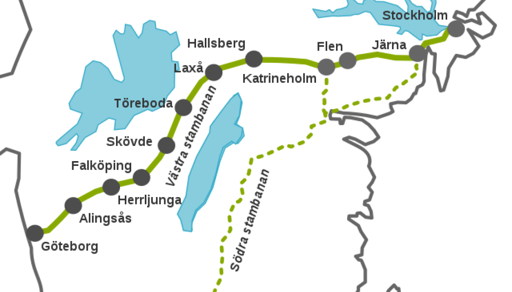 Västra stambanans dragning mellan Stockholm och Göteborg. Foto: Wikimedia Commons