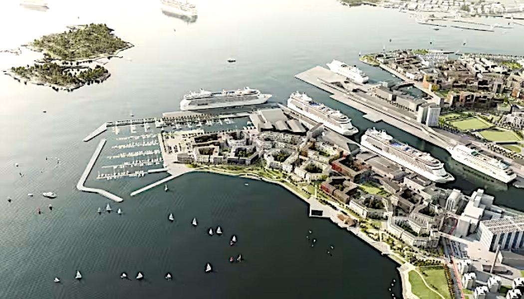 Illustration av framtida Ärtholmen i södra Helsingfors. Området ska rymma 7 600 invånare och blandas med både exklusiva bostäder och statligt stödda hyreslägenheter. Bild: Helsingfors stad / Tietoa Oy.

