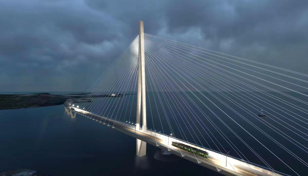 Illustration av den färdiga pylonkonstruktionen på Kronbroarna. Observera spårvagnen. Bild: Kruunusillat, Helsingfors stad, WSP, Knight Architects.