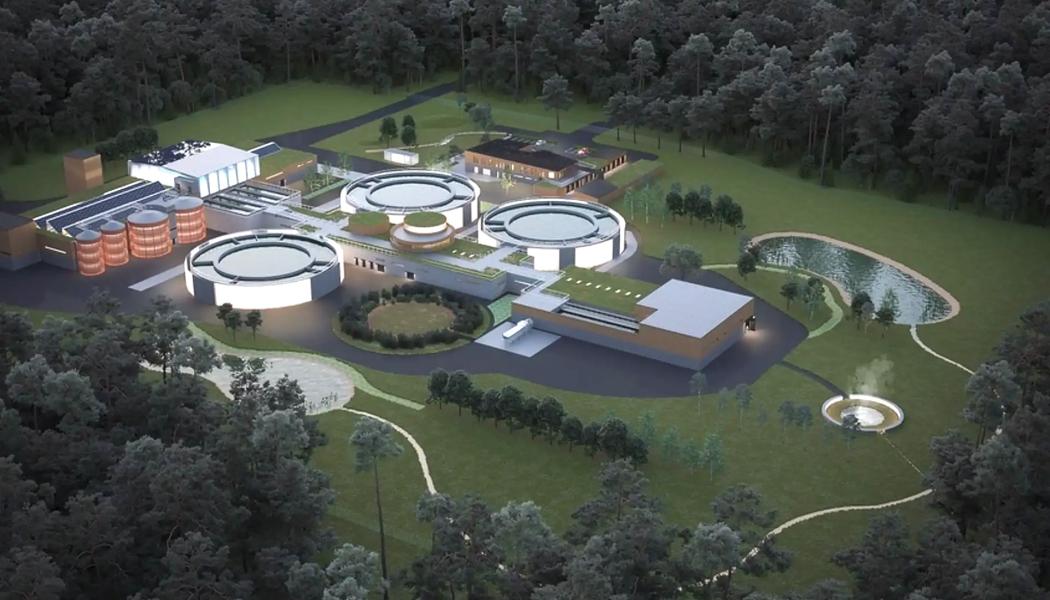 Vy över nya avloppsreningsverket Ängens ARV. Visionsbild: Lidköping miljö och teknik.