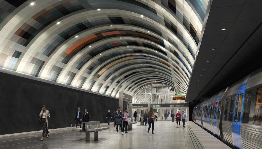 Illustration av plattform Arenastaden, en av de tre nya stationerna längs nya sträckan av gröna linjen som nu uppförs av Region Stockholm. Bild: Region Stockholm/&Rundquist.