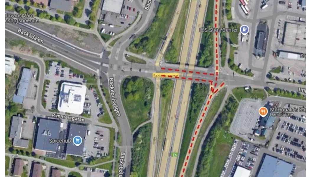 Här stängs Backadalsmotet av för biltrafik Bild: Trafikverket