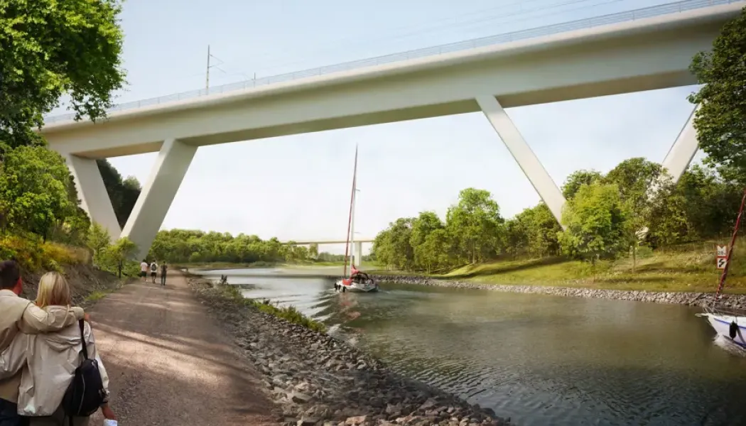 Illustration av delar av bro över Göta kanal mot norr, med E4:ans befintliga bro i bakgrunden. Illustration: Trafikverket