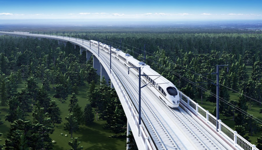 Illustration av Skanskas vision av höghastighetståg på brobanor. Bild Skanska/CRIG