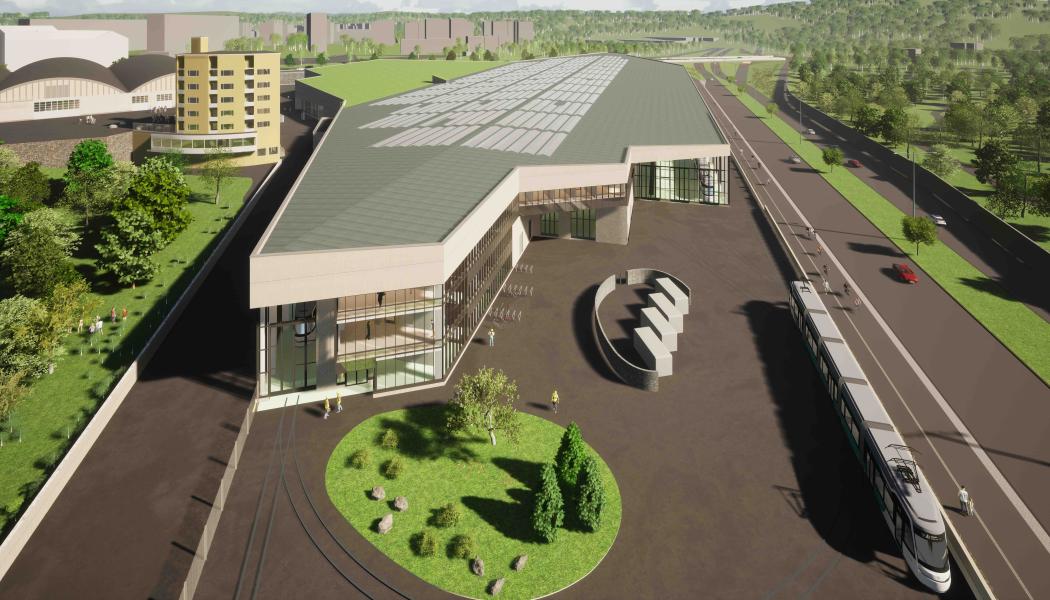 Depån ska kombinera modern teknik och cirkulär ekonomi för att möta framtidens krav på energieffektiv kollektivtrafik. Bildkälla: APRT Architects 