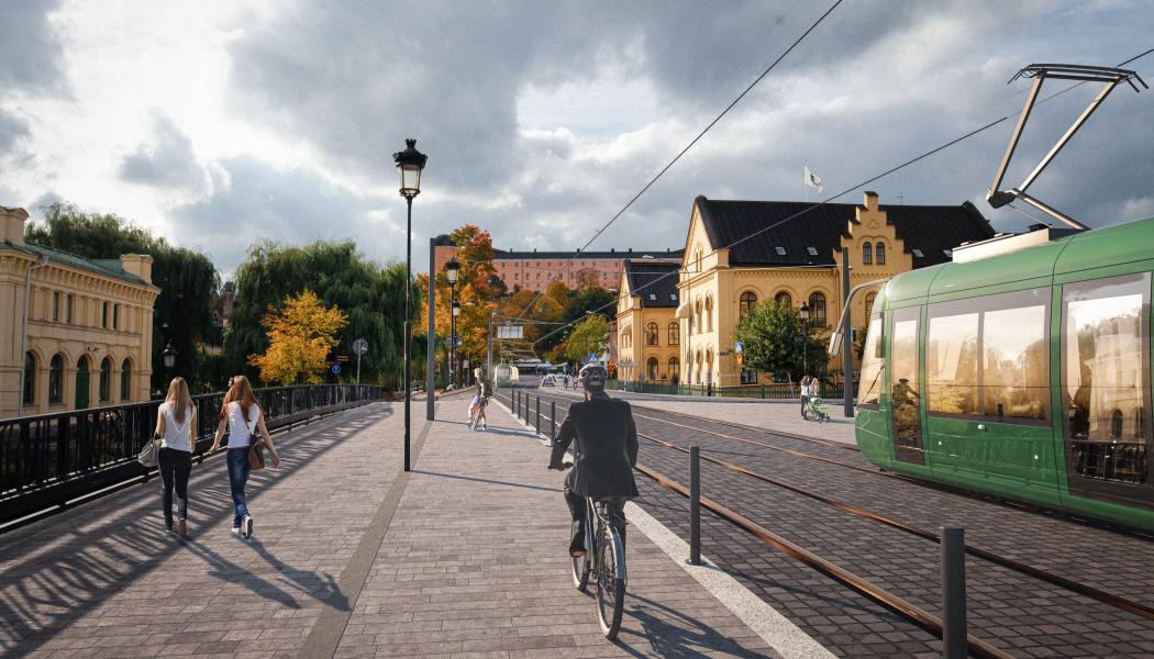Så här kan det se ut med spårväg över Islandsbron 2029. Visionsbild. Illustration: White arkitekter