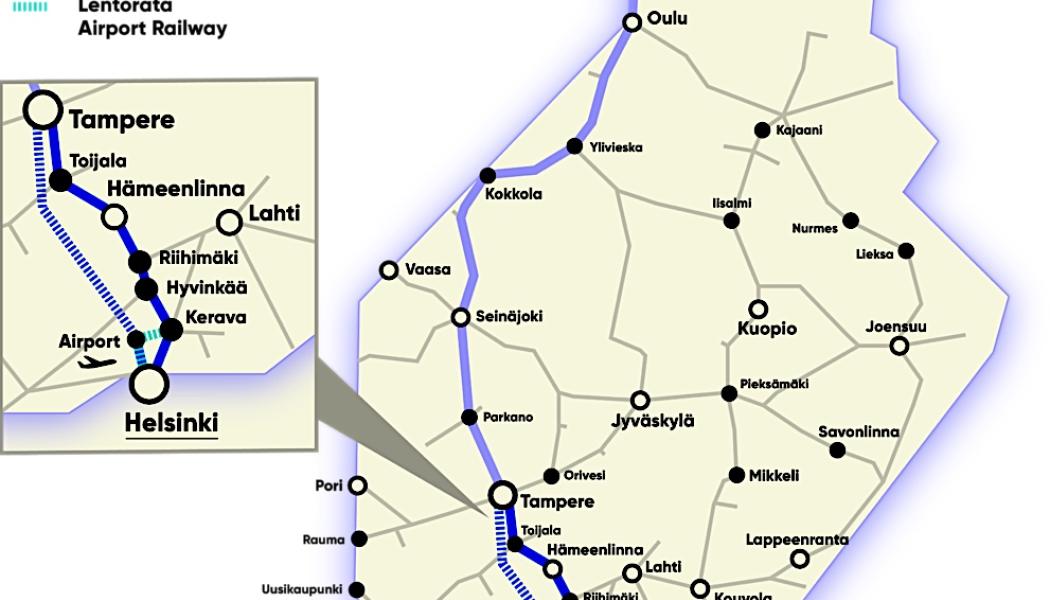 Framtida Finlandsbanan från Helsingfors upp till Lappland. Karta: Suomirata.projektet/ Finlandsbane-projektet