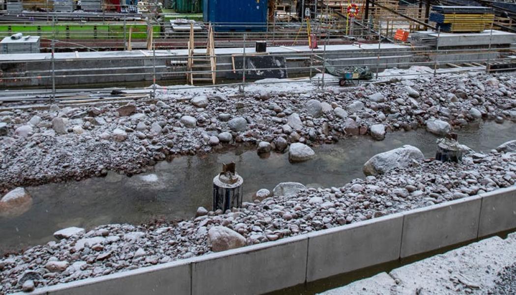 Fiskvandringsleden inredd med stenar, och fylld med en mindre mängd vatten. Foto: Lennart Johansson