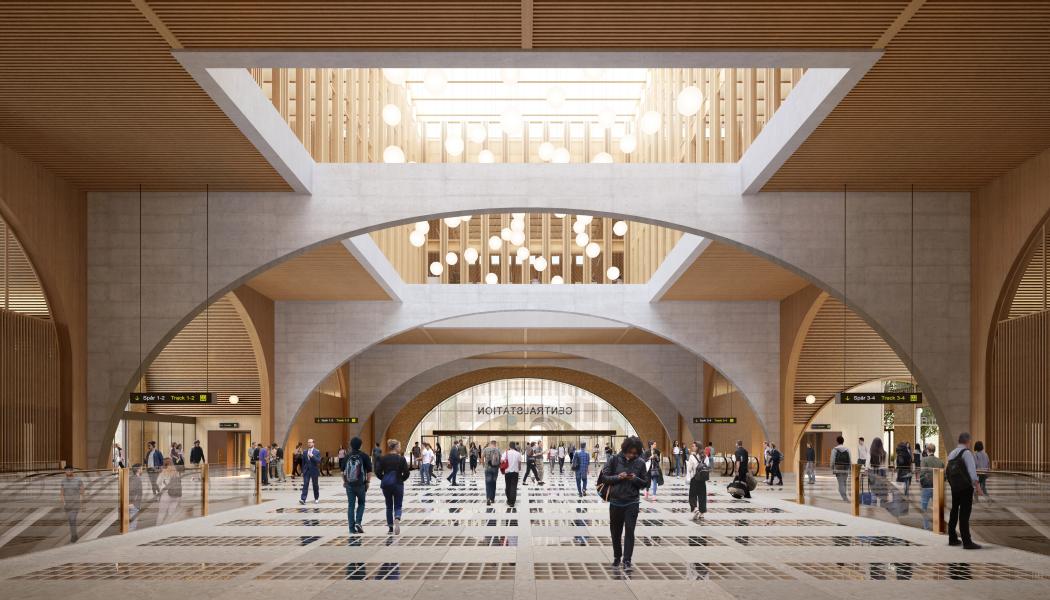 interiör nya stationshallen. Jernhusen rendering Göteborg Grand Central. Fotograf: Reiulf Ramstad Arkitekter för Jernhusen

