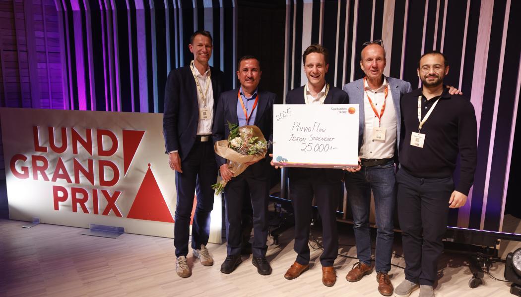 Ideon Stipendiet 2025 tilldelades Pluvioflow - Andreas Persson, Abdulghami Hasan, Petter Pilesjö och Sam Sarwat. Foto: Lunds kommun