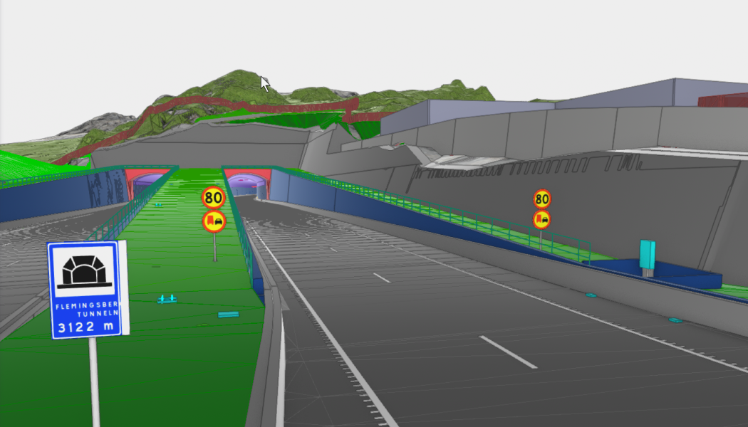 3D-skiss direkt från Trimble Connect som visar Flemingsbergstunneln från södra sidan. Illustration: Trimble