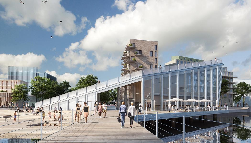 Den kommande kajbyggnaden förväntas bli en central del av områdets skyline när Norrköpings stora stadsomvandlingsprojekt tar form. Illustration: Nyréns Arkitektkontor 