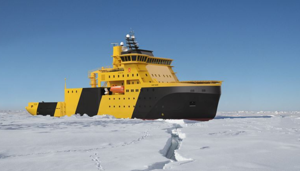 Ett fartyg av denna design skulle kunna arbeta med isbrytning under vintermånaderna och resten av året nyttjas av annan verksamhet till havs, exempelvis uppbyggnad och underhåll av havsbaserade vindparker. Bild: Viking Supply Ships