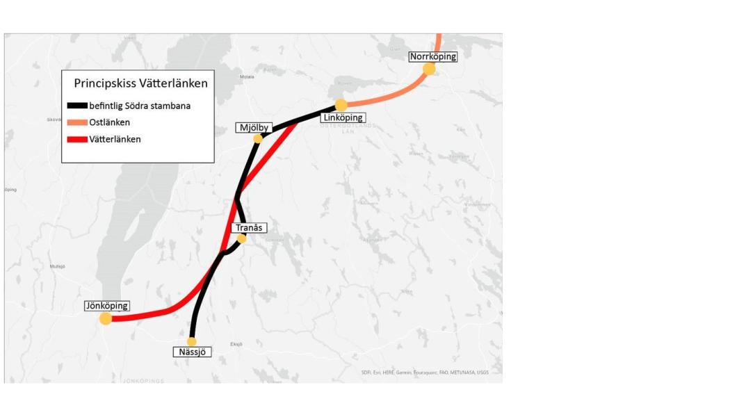 En ny rapport som Region Jönköpings län och Region Östergötland låtit ta fram visar på samhällsnyttan med att knyta ihop Ostlänken med Jönköping. Karta: Region Jönköpings Län