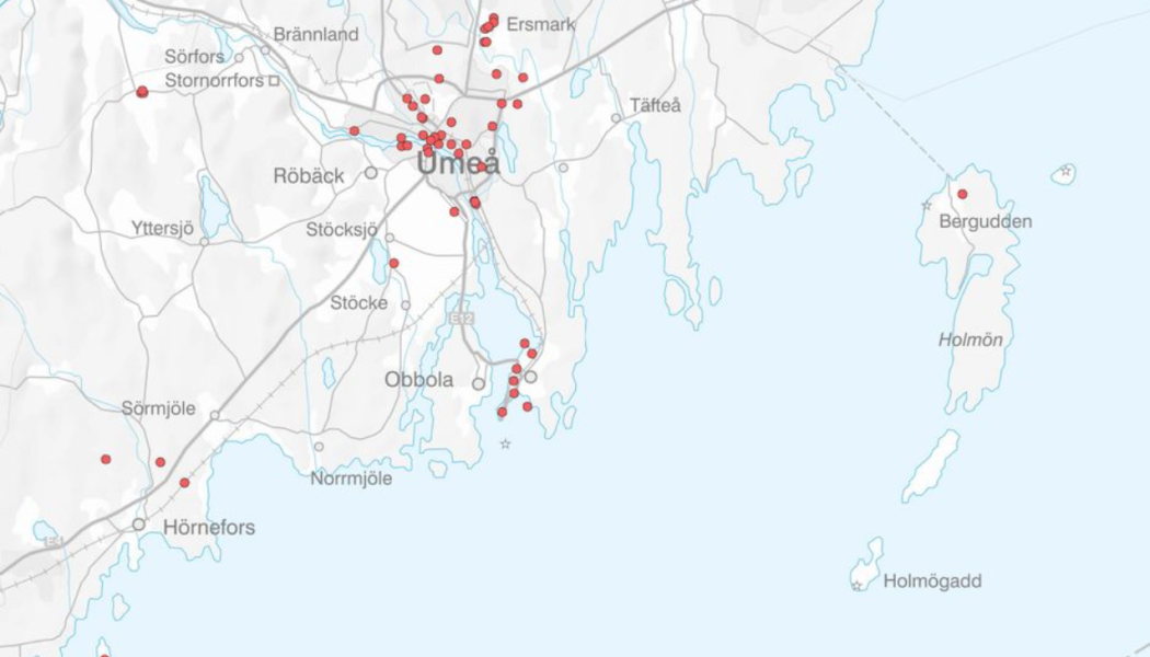 Karta över 54 förorenade områden i Umeå kommun i riskklass 1 och 2 med störst risk för människors hälsa och miljö. Karta: Umeå kommun