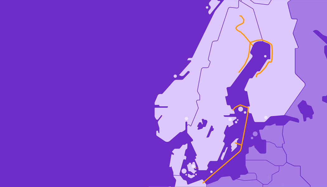 Karta över projekten Nordic Hydrogen Route och Baltic Sea Hydrogen Collector. EU:s medfinansiering avser delar av projektens sträckor. Bild: Nordion Energi
