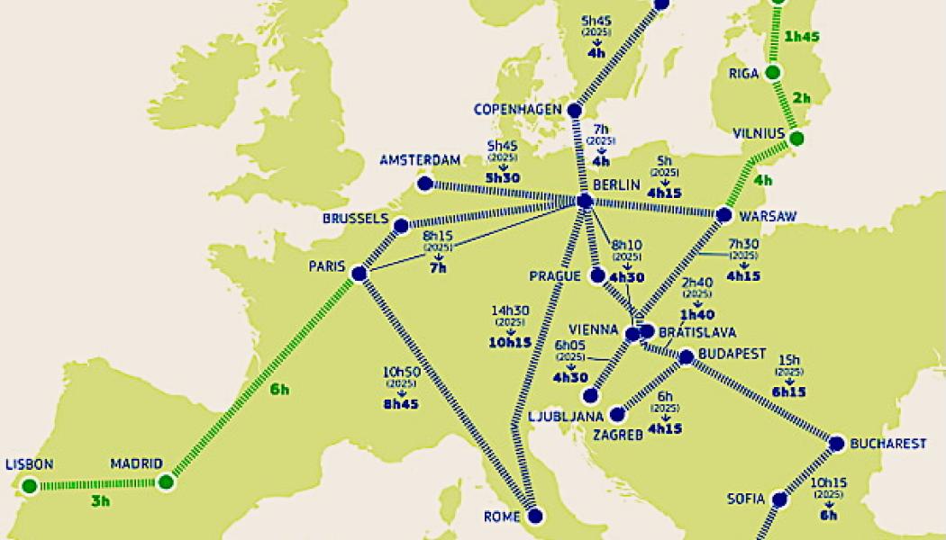  EU:s nya plan ska halvera restiderna mellan flera europeiska storstäder till 2040. Karta: Europeiska Kommissionen.