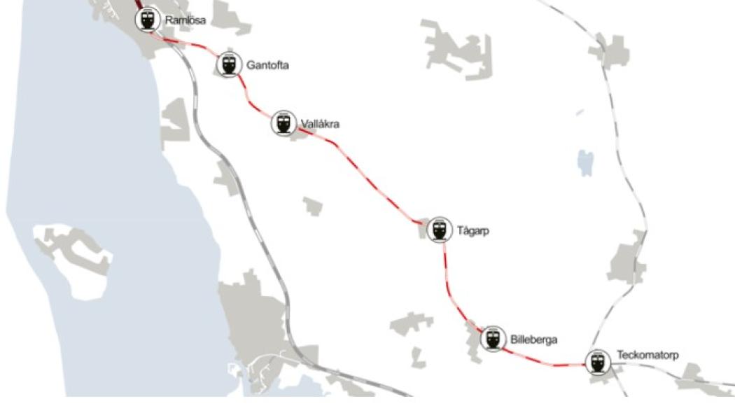 Karta över sträckan där arbetet på Rååbanan genomförs. Bild: Trafikverket