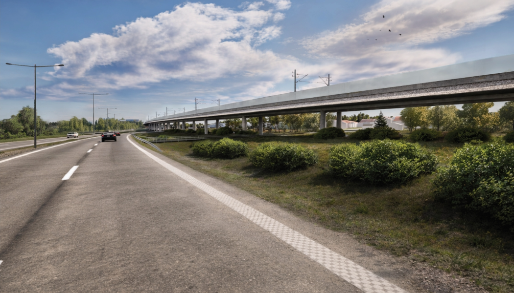 Visualisering av en vy från Timmerleden mot Strömsborg. Bilden är en tidig skiss där järnvägen går på en landskapsbro. Det är ännu inte beslutat exakt hur järnvägen kommer att utformas. Grafik: Trafikverket