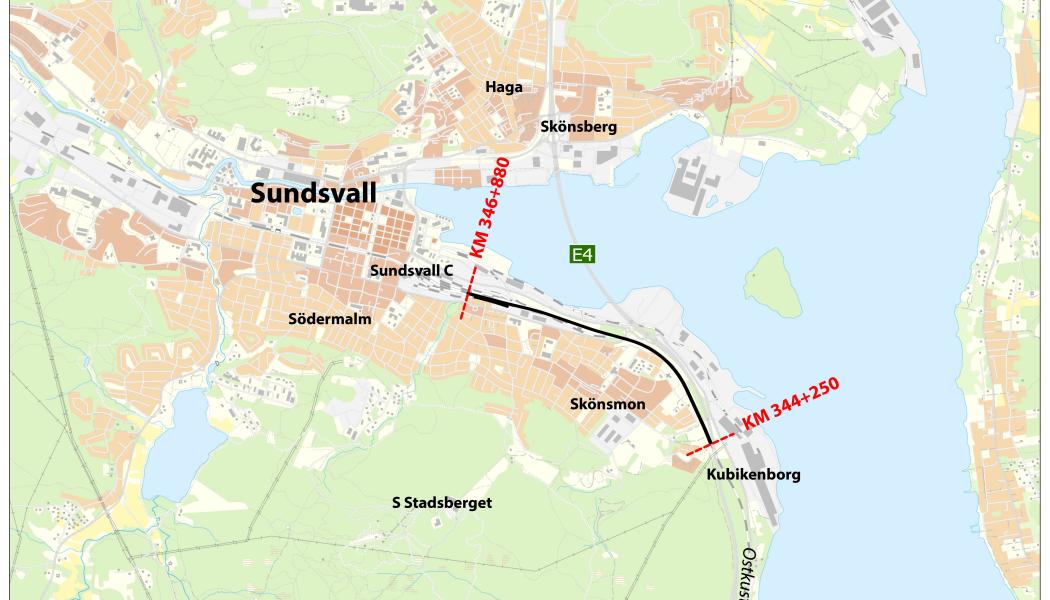 Översiktskarta: över sträckan mellan Kubikenborg och Sundsvall Översiktskarta: Trafikverket